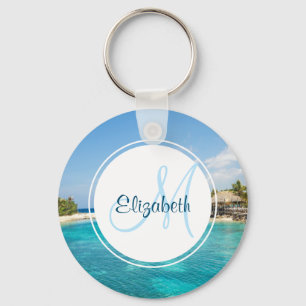 Scenic Tropical Beach with Thatched Huts Photo Key Ring