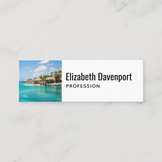 Scenic Tropical Beach with Thatched Huts Photo Mini Business Card (Front)