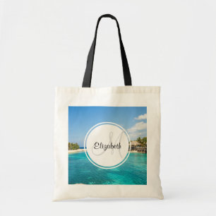 Scenic Tropical Beach with Thatched Huts Photo Tote Bag
