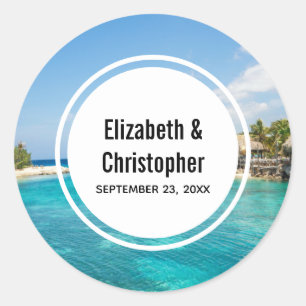 Scenic Tropical Beach with Thatched Huts Wedding Classic Round Sticker