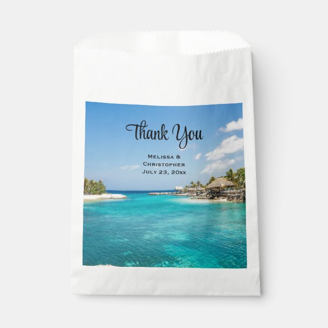 Scenic Tropical Beach with Thatched Huts Wedding Favour Bags (Front)