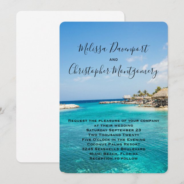 Scenic Tropical Beach with Thatched Huts Wedding Invitation (Front/Back)