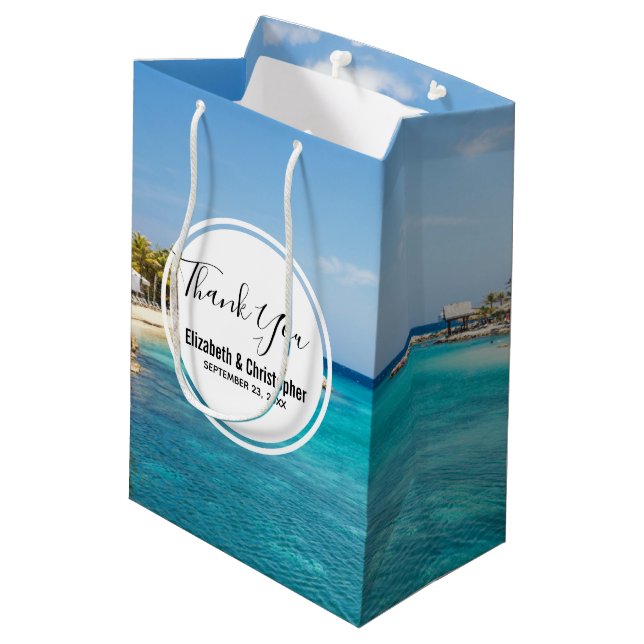 Scenic Tropical Beach with Thatched Huts Wedding Medium Gift Bag (Back Angled)