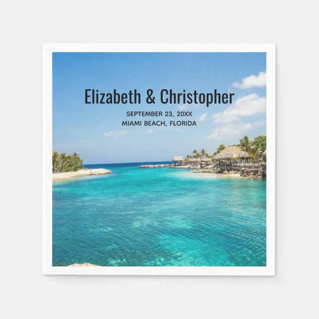 Scenic Tropical Beach with Thatched Huts Wedding Napkin (Front)