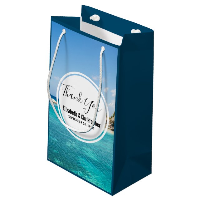 Scenic Tropical Beach with Thatched Huts Wedding Small Gift Bag (Back Angled)