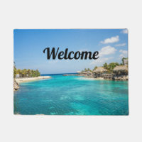 Scenic Tropical Beach with Thatched Huts Welcome