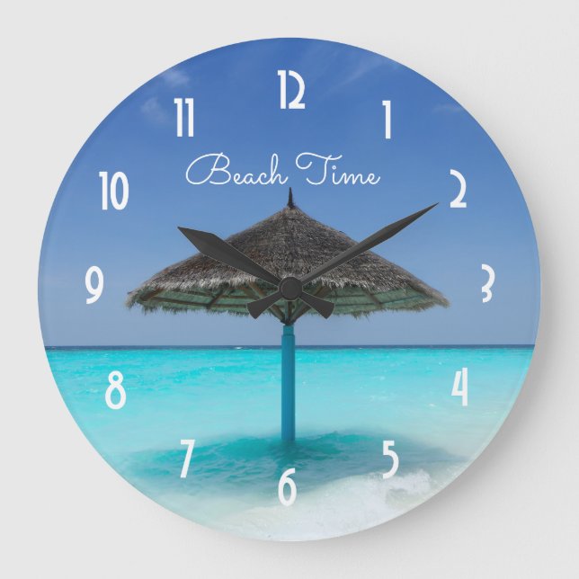 Scenic Tropical Beach with Thatched Umbrella Large Clock (Front)