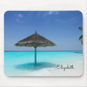 Scenic Tropical Beach with Thatched Umbrella Mouse Mat