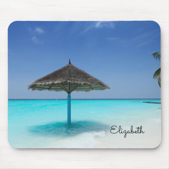 Scenic Tropical Beach with Thatched Umbrella Mouse Mat (Front)