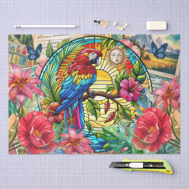 Scenic Tropical Stained Glass Red Macaw Decoupage Tissue Paper (Craft)