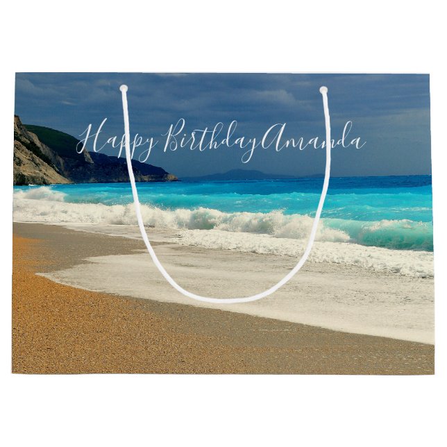 Scenic Turquoise Blue Sea Beach Photo Birthday Large Gift Bag (Front)
