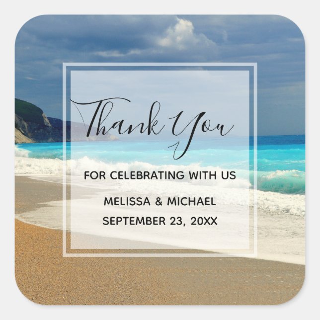 Scenic Turquoise Blue Sea Beach Photo Thank You Square Sticker (Front)
