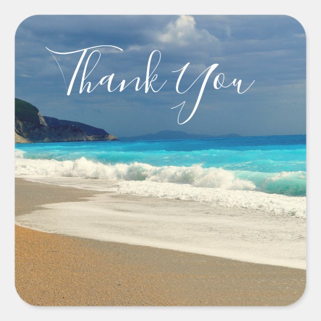 Scenic Turquoise Blue Sea Beach Photo Thank You Square Sticker (Front)