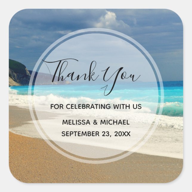 Scenic Turquoise Blue Sea Beach Photo Thank You Square Sticker (Front)
