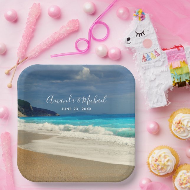 Scenic Turquoise Blue Sea Beach Photo Wedding Paper Plate (Party)