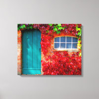 Scenic Turquoise Door with Vivid Autumn Leaves