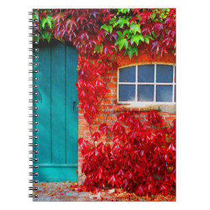 Scenic Turquoise Door with Vivid Autumn Leaves Notebook