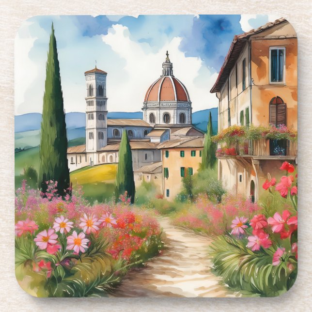 Scenic Tuscan Landscape Watercolor Painting Coaster (Front)
