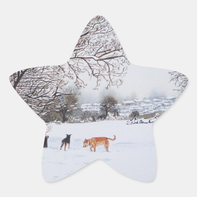 scenic veiw of dogs in snow landscape with trees star sticker (Front)