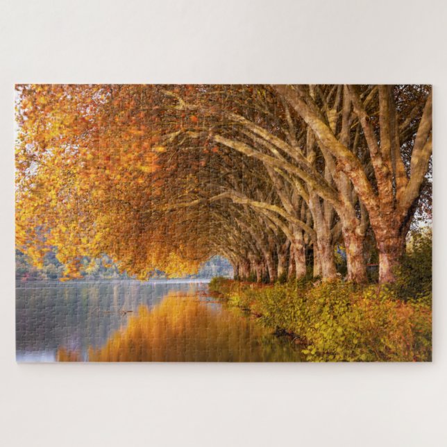 Scenic view of autumn golden trees besides a lake jigsaw puzzle (Horizontal)