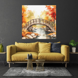 Scenic Watercolor Autumn Bridge Over Stream Canvas Print