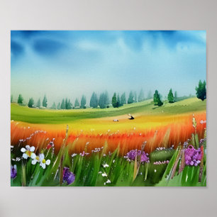Scenic Watercolor Meadow Poster