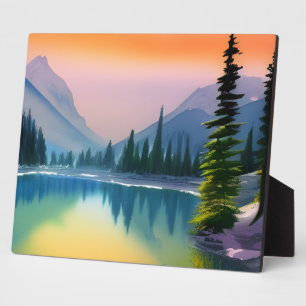 Scenic Watercolor Mountain Lake Reflection  Plaque