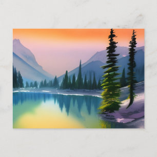 Scenic Watercolor Mountain Lake Reflection Postcard