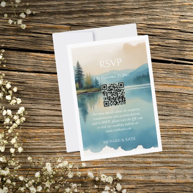 Scenic Watercolor Pine tree Lakeside RSVP Card (Creator Uploaded)