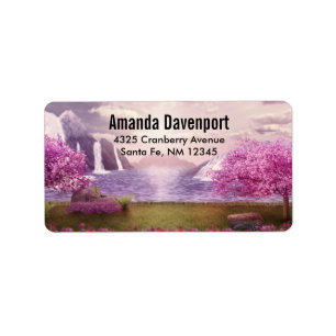 Scenic Waterfalls & Cherry Trees by a Lake Label