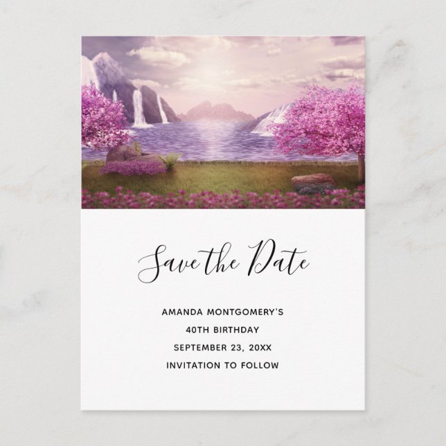 Scenic Waterfalls & Cherry Trees Save the Date Invitation Postcard (Front)