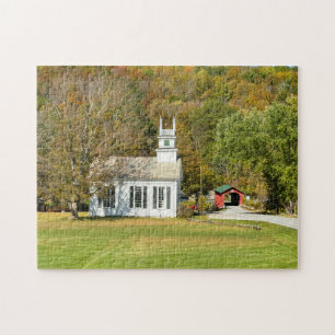 Scenic white church and covered bridge jigsaw puzzle