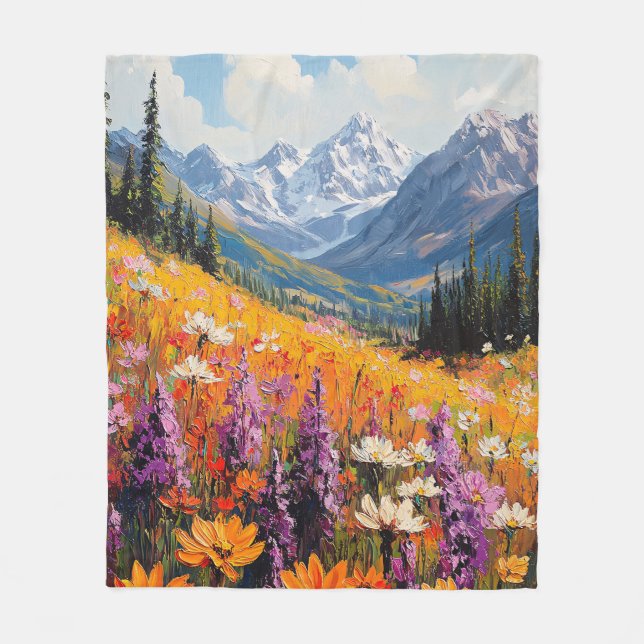 Scenic Wildflowers and Mountains Fine Art Fleece Blanket (Front)
