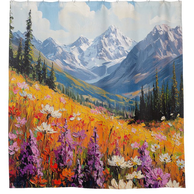 Scenic Wildflowers and Mountains Fine Art Shower Curtain (Front)