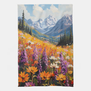 Scenic Wildflowers and Mountains Fine Art Tea Towel