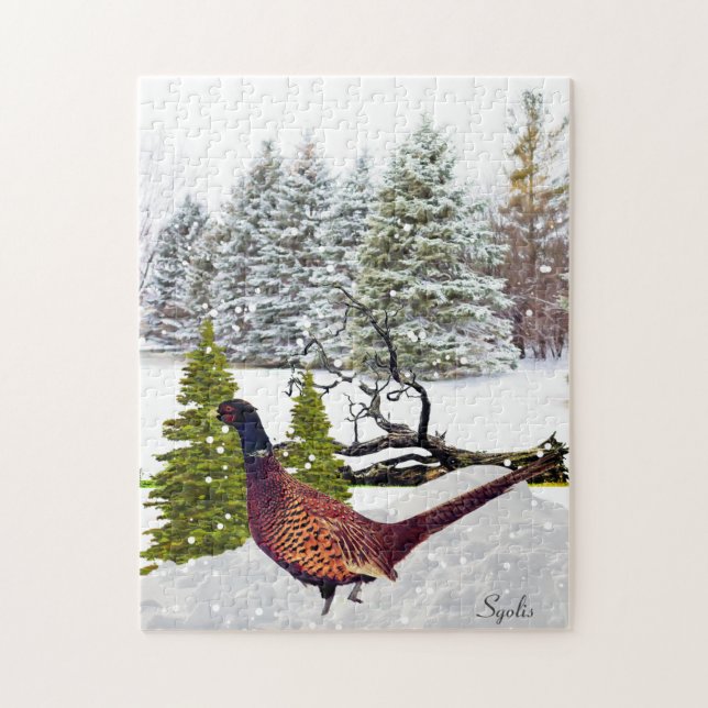 Scenic Winter Forest  with South Dakota Pheasant  Jigsaw Puzzle (Vertical)