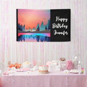 Scenic Winter Lake with Deer Birthday Banner