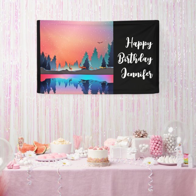 Scenic Winter Lake with Deer Birthday Banner (Party)
