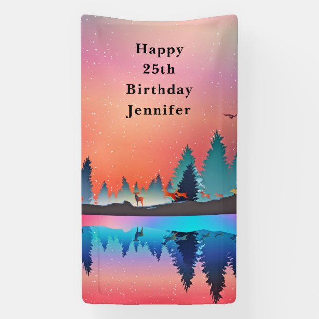 Scenic Winter Lake with Deer Birthday Banner (Vertical)