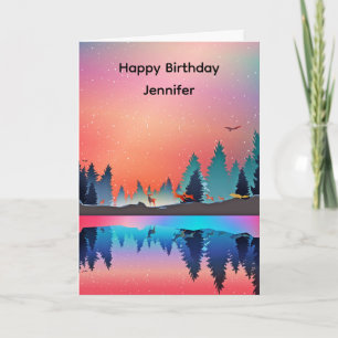 Scenic Winter Lake with Deer Birthday Card