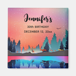 Scenic Winter Lake with Deer Birthday Magnet
