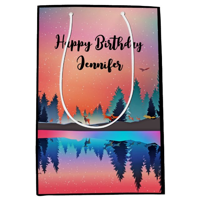Scenic Winter Lake with Deer Birthday Medium Gift Bag (Front)