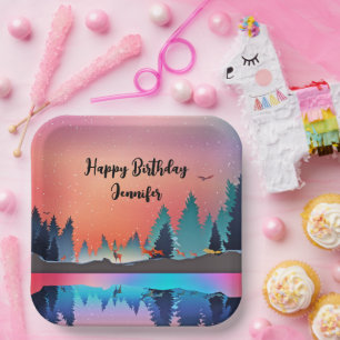 Scenic Winter Lake with Deer Birthday Paper Plate