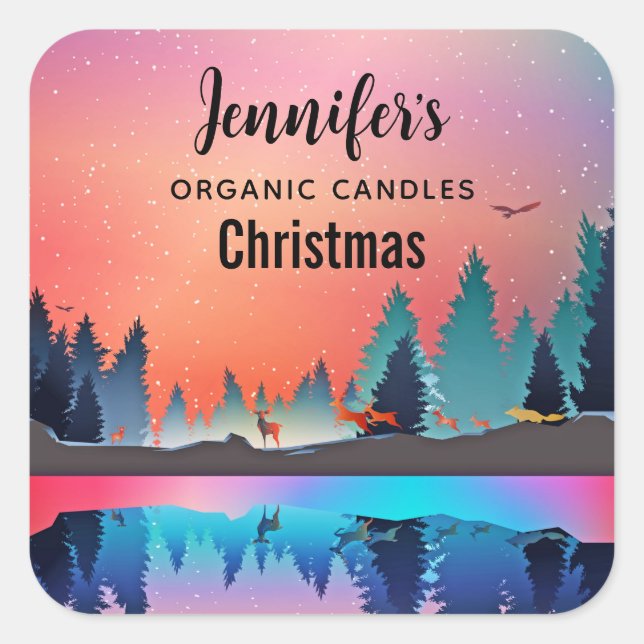 Scenic Winter Lake with Deer Candle Biz Square Sticker (Front)