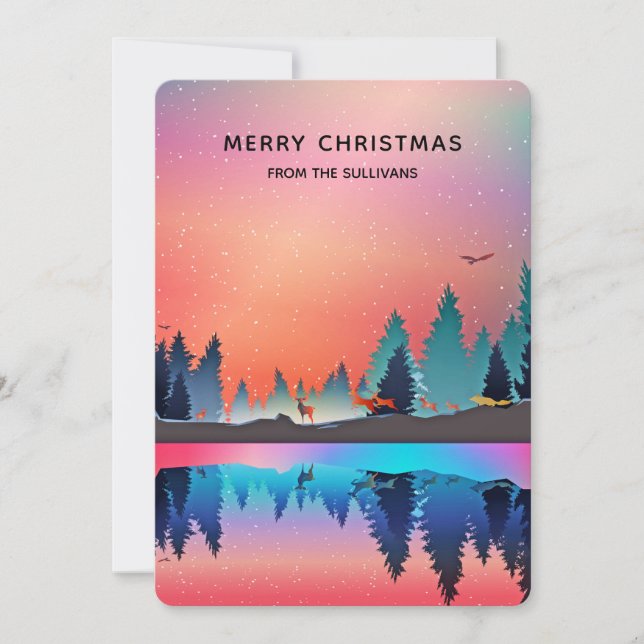 Scenic Winter Lake with Deer Christmas Holiday Card (Front)