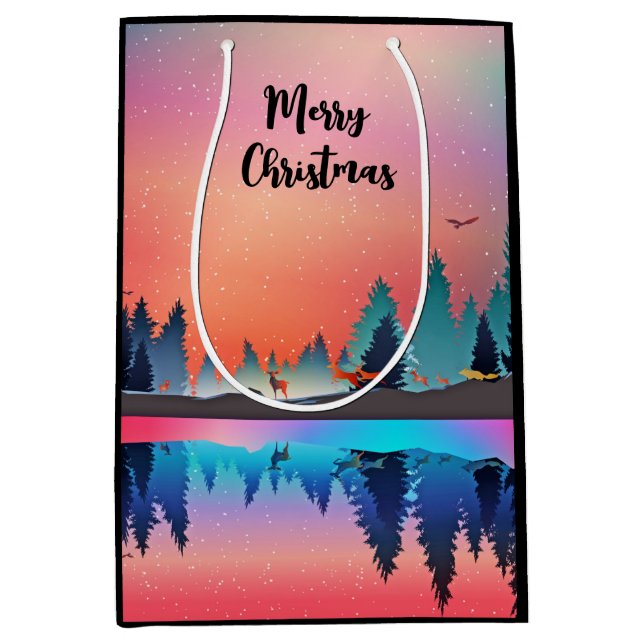 Scenic Winter Lake with Deer Christmas Medium Gift Bag (Front)