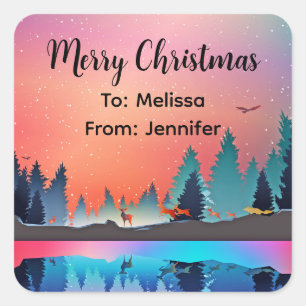 Scenic Winter Lake with Deer Christmas Square Sticker