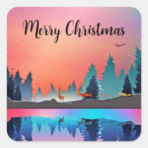 Scenic Winter Lake with Deer Christmas Square Sticker