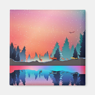 Scenic Winter Lake with Deer Magnet