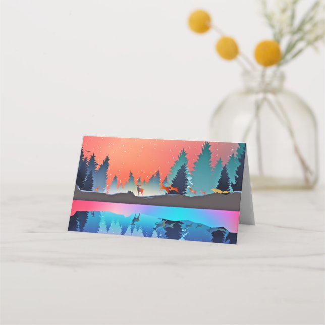 Scenic Winter Lake with Deer Place Card (Front)